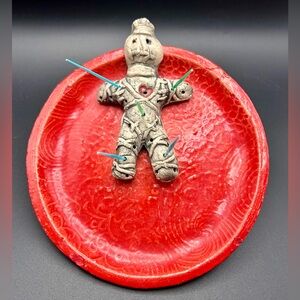 Stoneware Voodoo Doll Toothpick Holder & Mini Serving Plate, 6”D, New Orleans